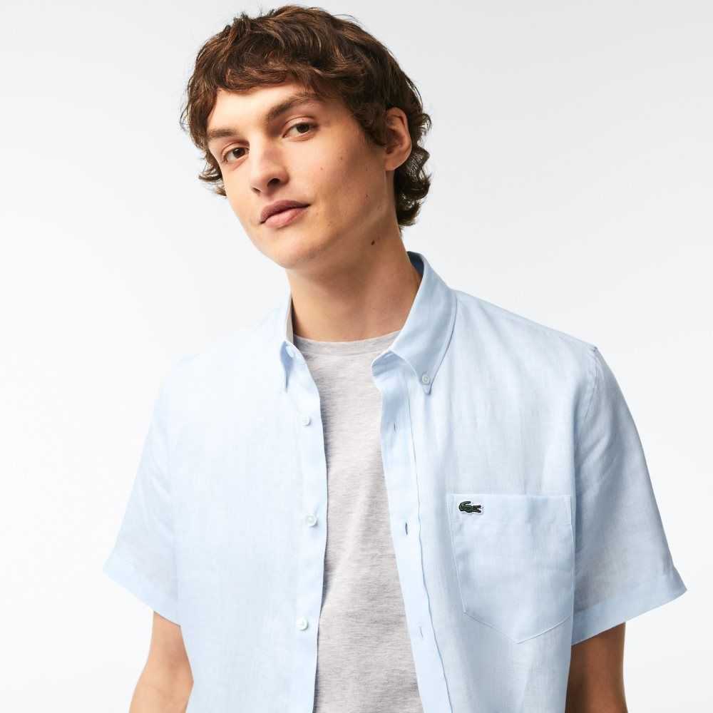 Lacoste Short Sleeve Linen Shirt Light Blue | PKNU-19875