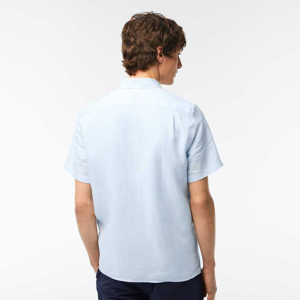 Lacoste Short Sleeve Linen Shirt Light Blue | PKNU-19875