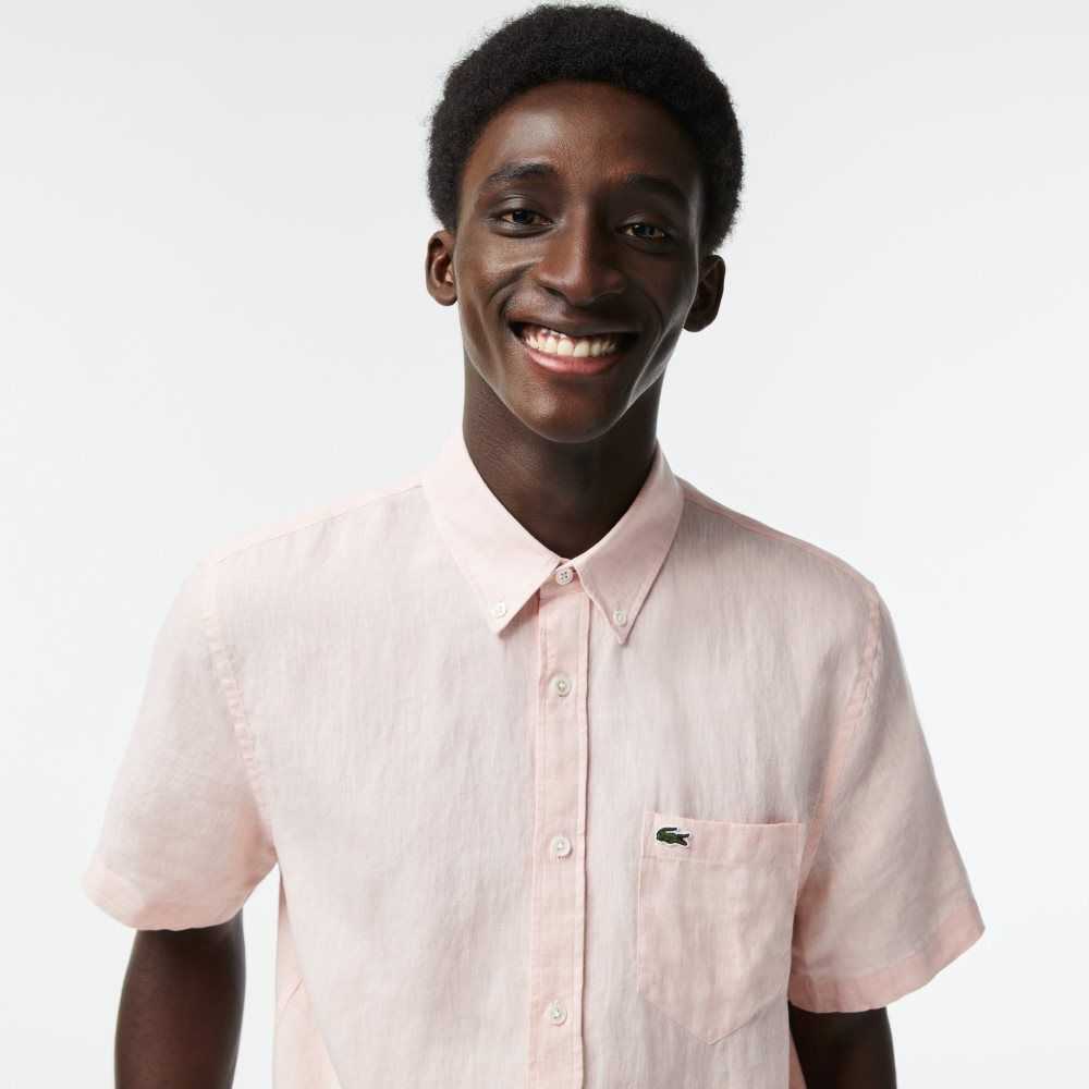 Lacoste Short Sleeve Linen Shirt Light Pink | CJQI-84631