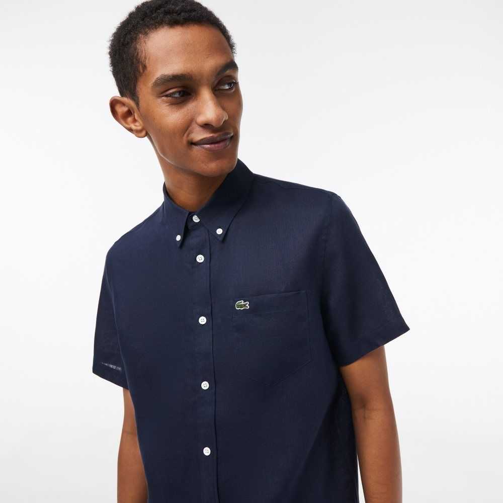 Lacoste Short Sleeve Linen Shirt Navy Blue | EPSO-67412