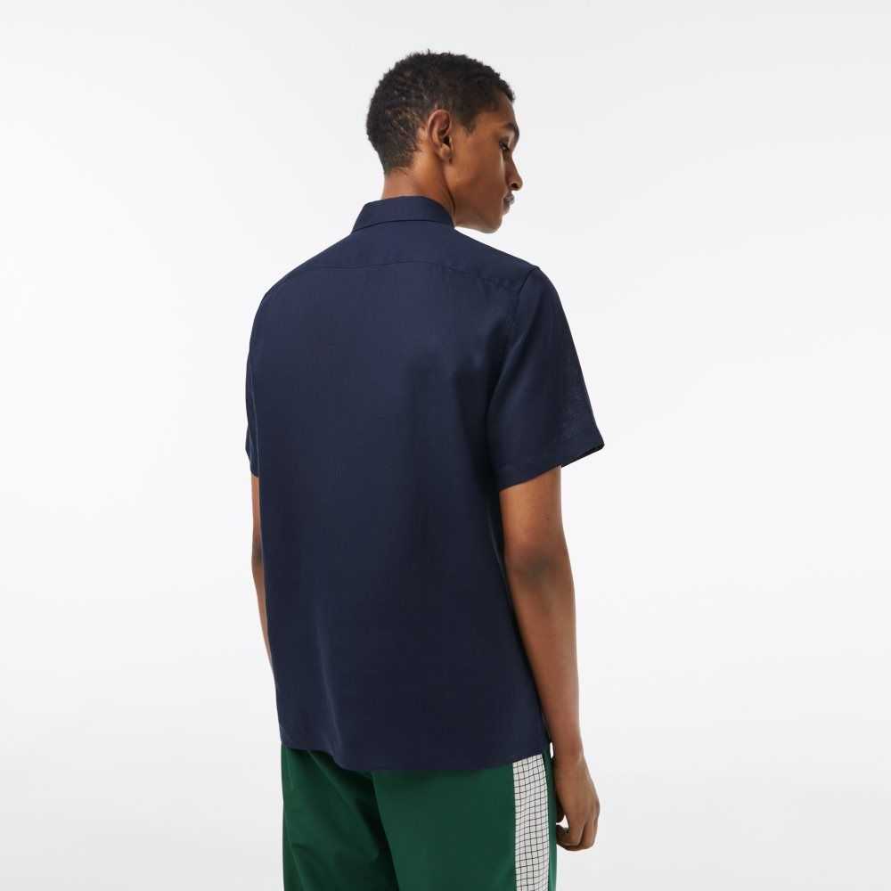 Lacoste Short Sleeve Linen Shirt Navy Blue | EPSO-67412