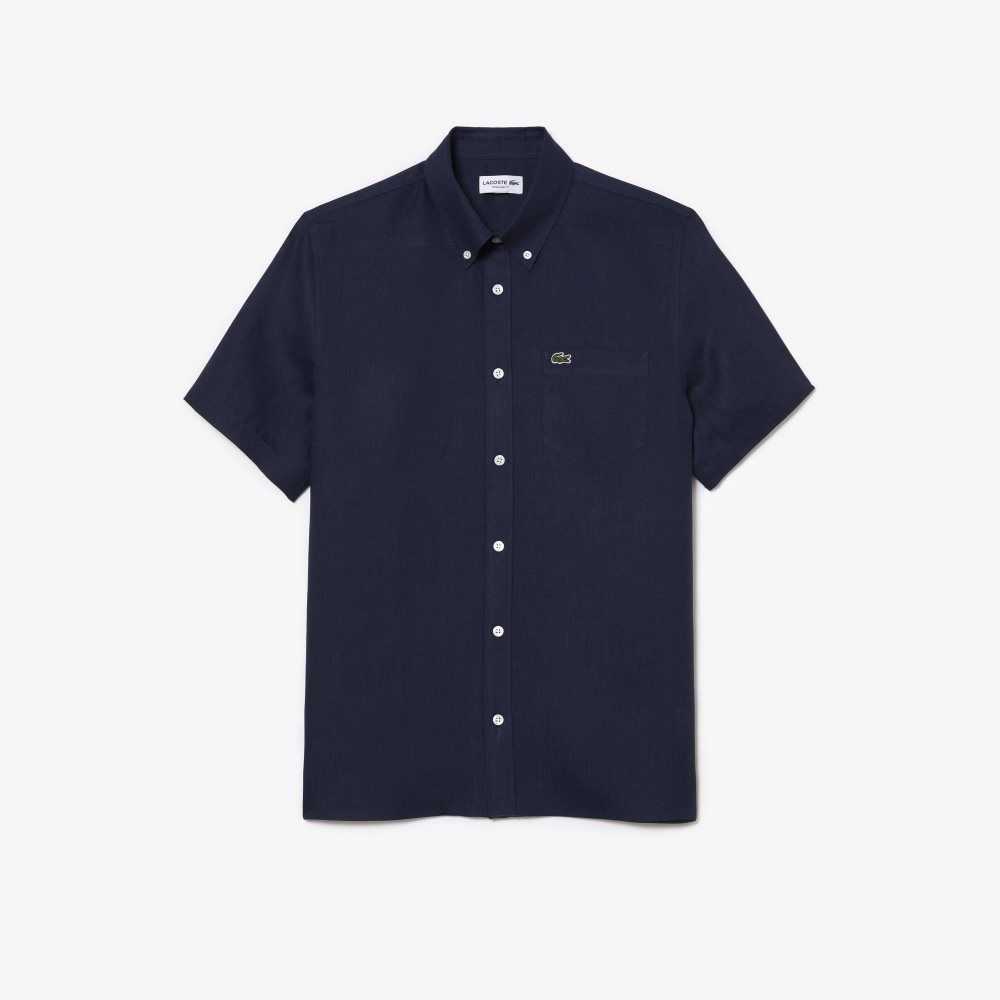 Lacoste Short Sleeve Linen Shirt Navy Blue | EPSO-67412