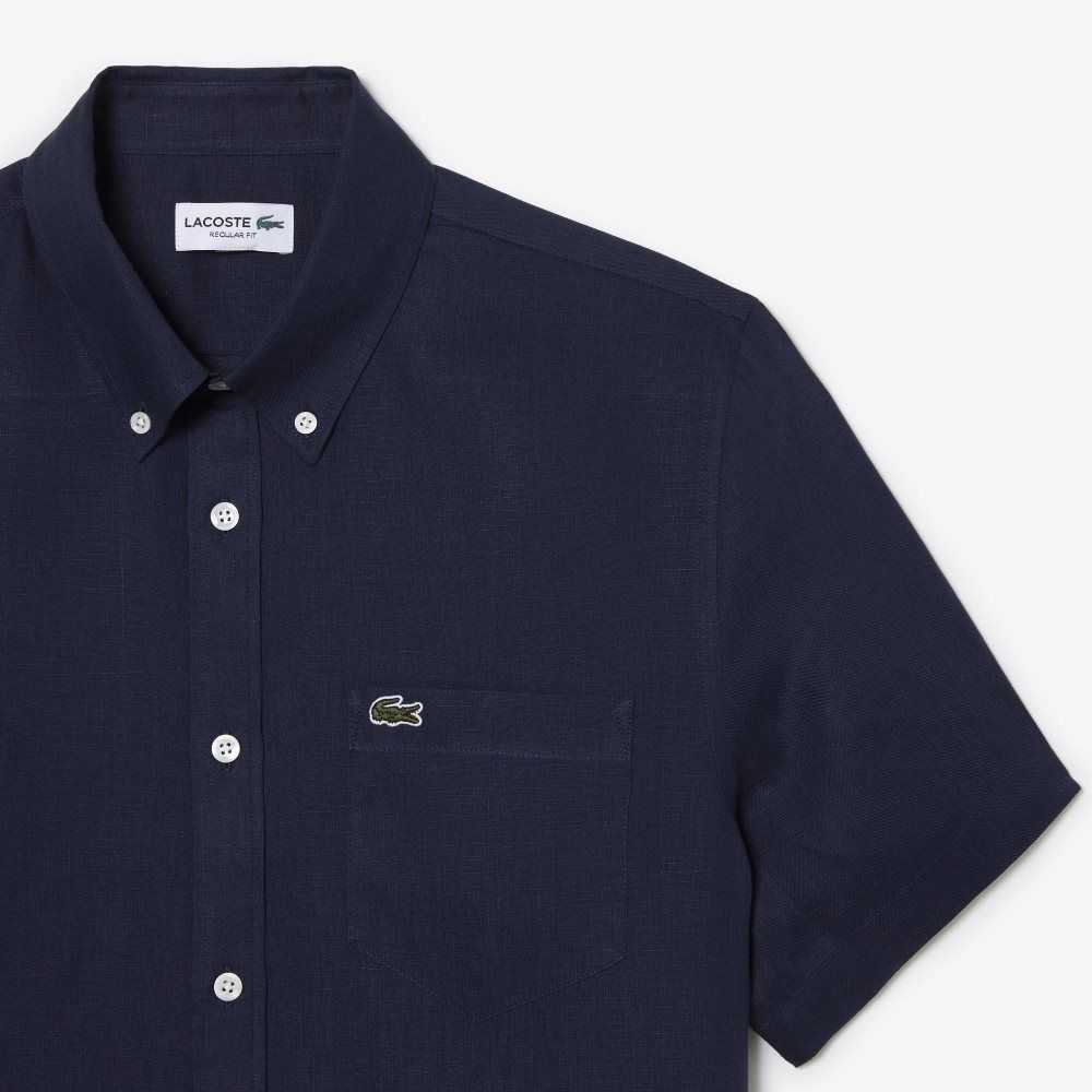 Lacoste Short Sleeve Linen Shirt Navy Blue | EPSO-67412