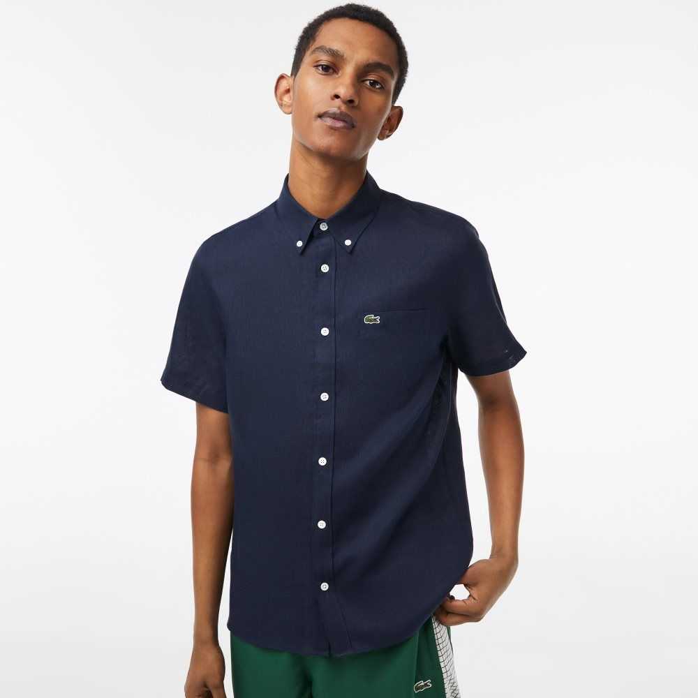 Lacoste Short Sleeve Linen Shirt Navy Blue | EPSO-67412