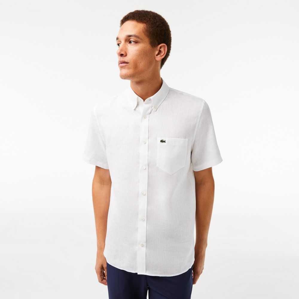 Lacoste Short Sleeve Linen Shirt White | MXGJ-45928