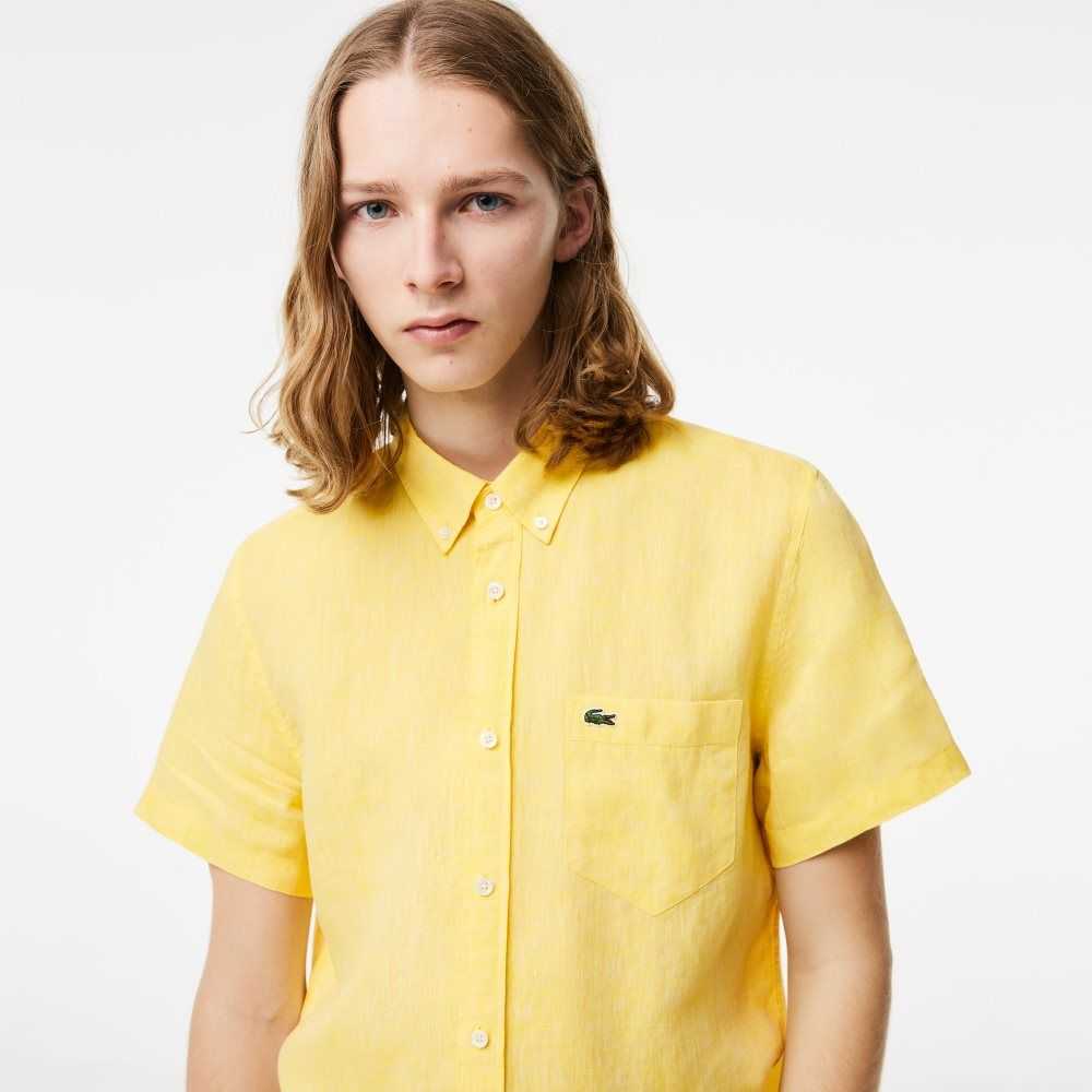 Lacoste Short Sleeve Linen Shirt Yellow | VZEU-75143