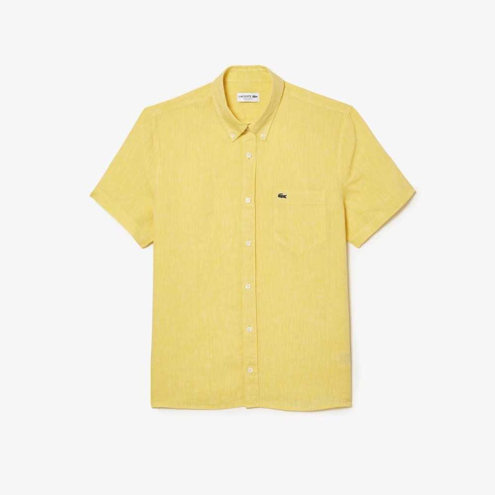 Lacoste Short Sleeve Linen Shirt Yellow | VZEU-75143