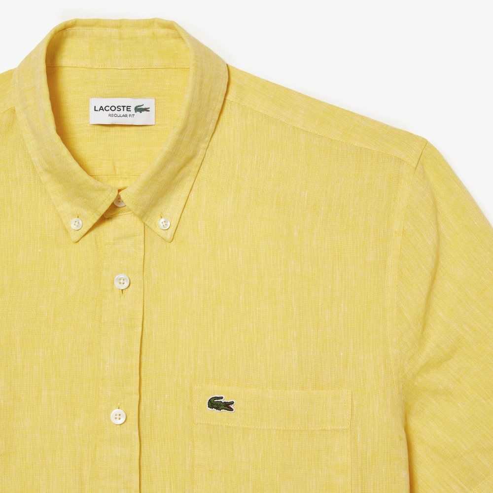 Lacoste Short Sleeve Linen Shirt Yellow | VZEU-75143