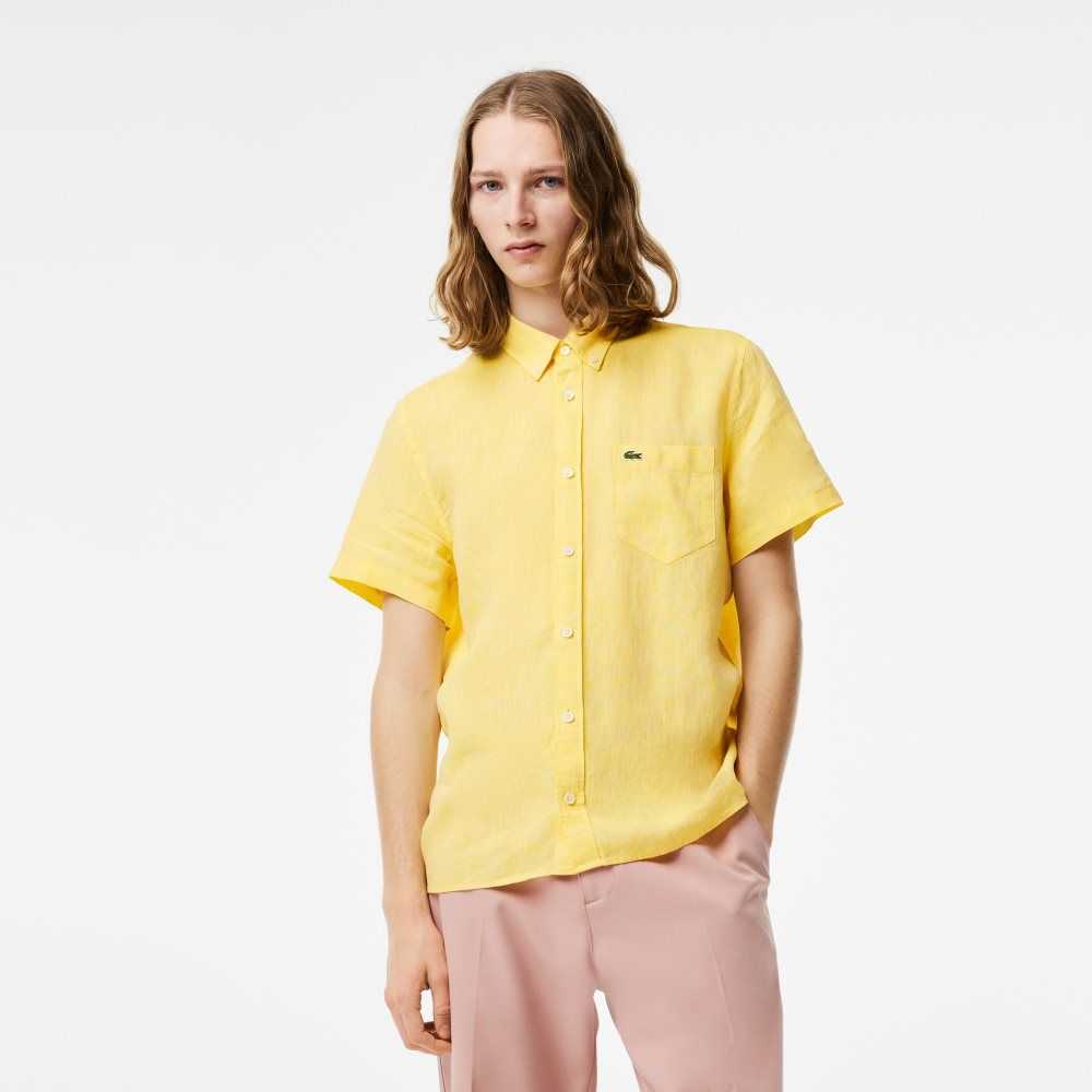 Lacoste Short Sleeve Linen Shirt Yellow | VZEU-75143