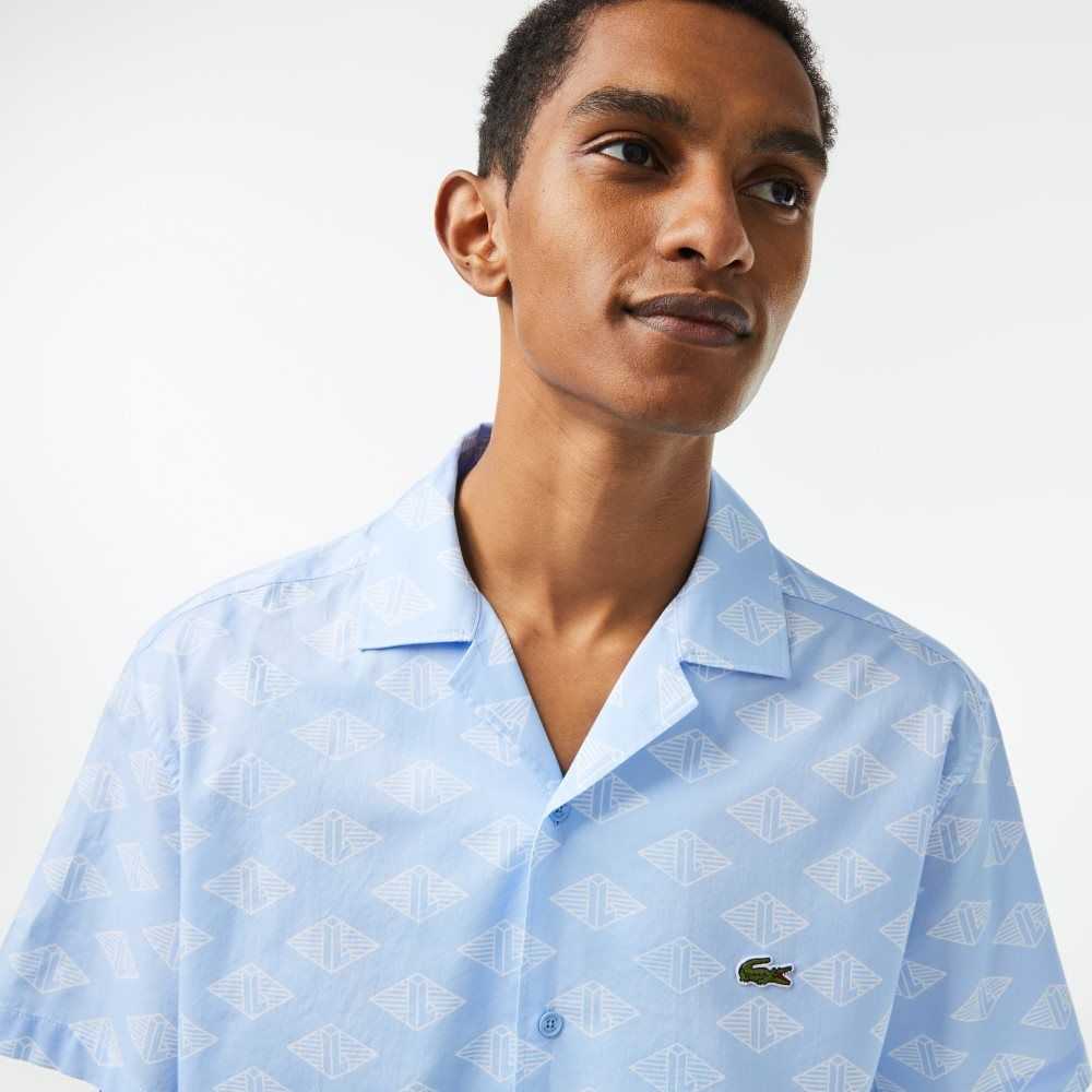 Lacoste Short Sleeve Monogram Print Shirt Blue / White | SMGF-70516