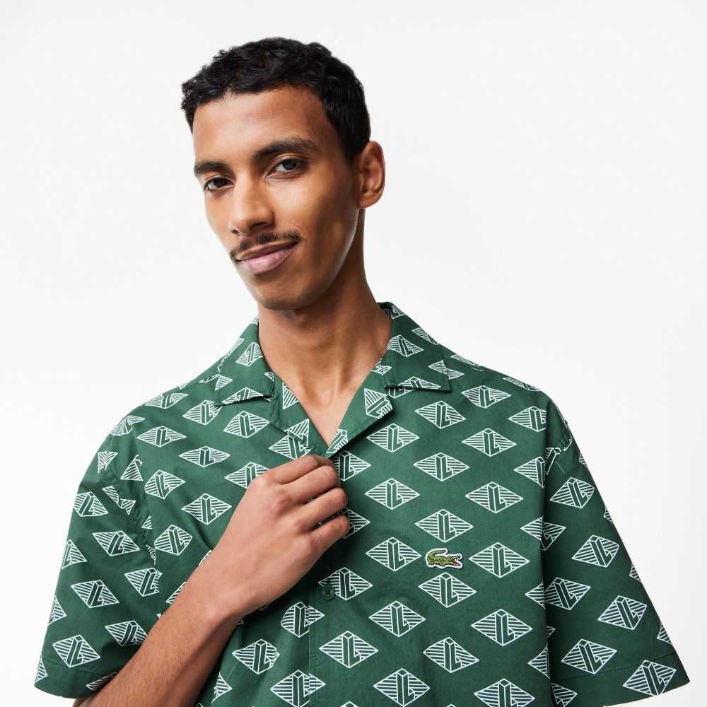 Lacoste Short Sleeve Monogram Print Shirt Green / White | YRNS-58247