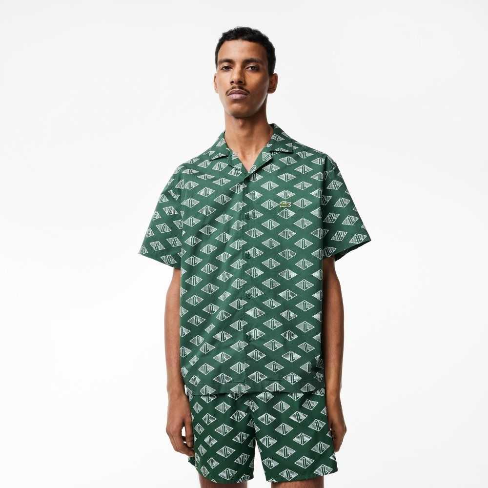 Lacoste Short Sleeve Monogram Print Shirt Green / White | YRNS-58247