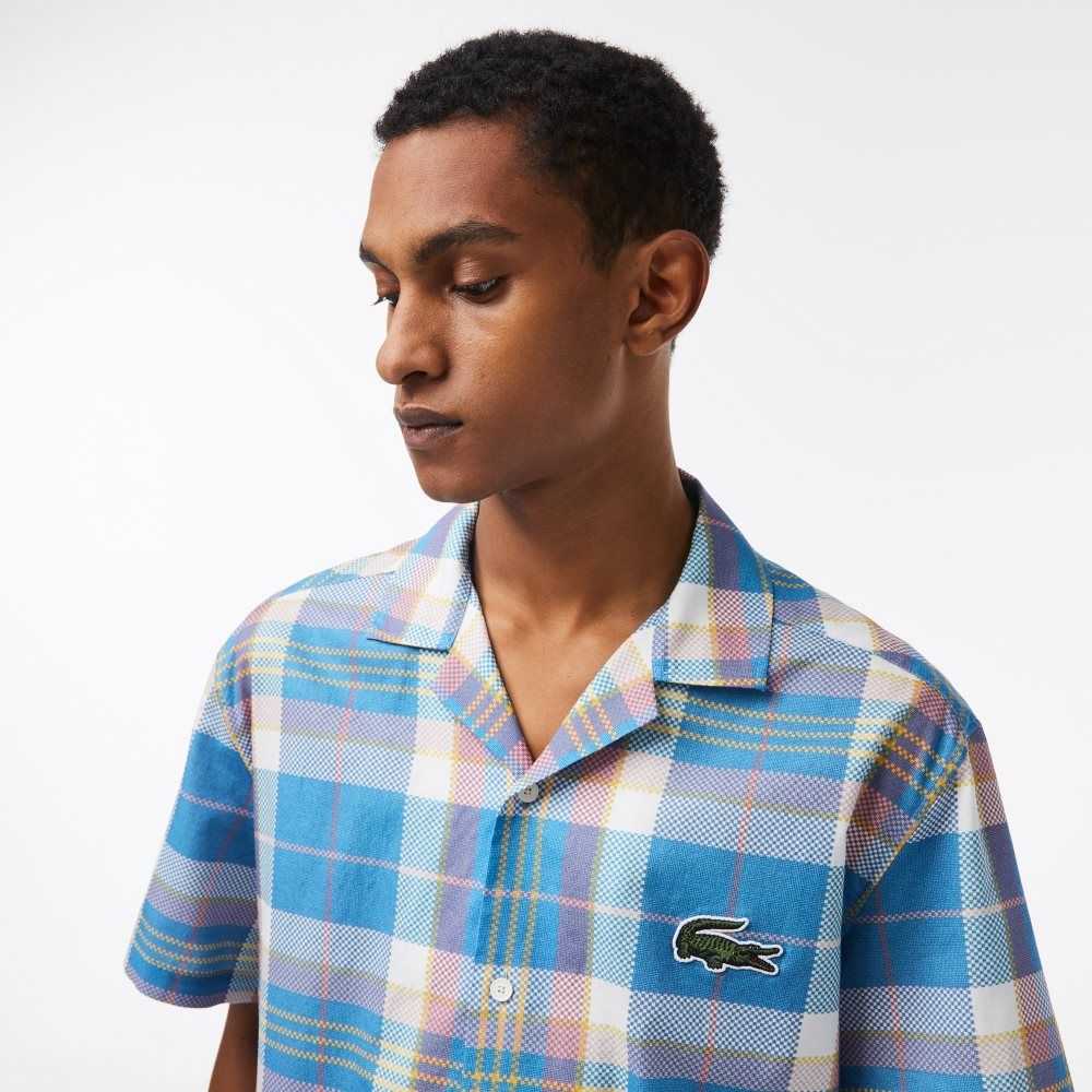 Lacoste Short Sleeve Organic Cotton Check Shirt Blue / White | FACT-72386