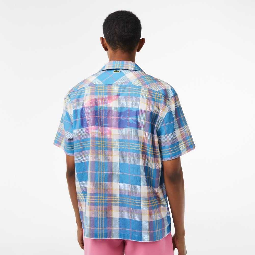 Lacoste Short Sleeve Organic Cotton Check Shirt Blue / White | FACT-72386