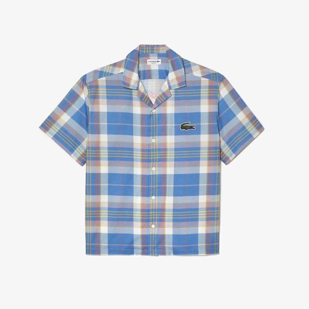 Lacoste Short Sleeve Organic Cotton Check Shirt Blue / White | FACT-72386