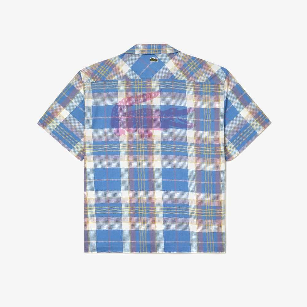 Lacoste Short Sleeve Organic Cotton Check Shirt Blue / White | FACT-72386