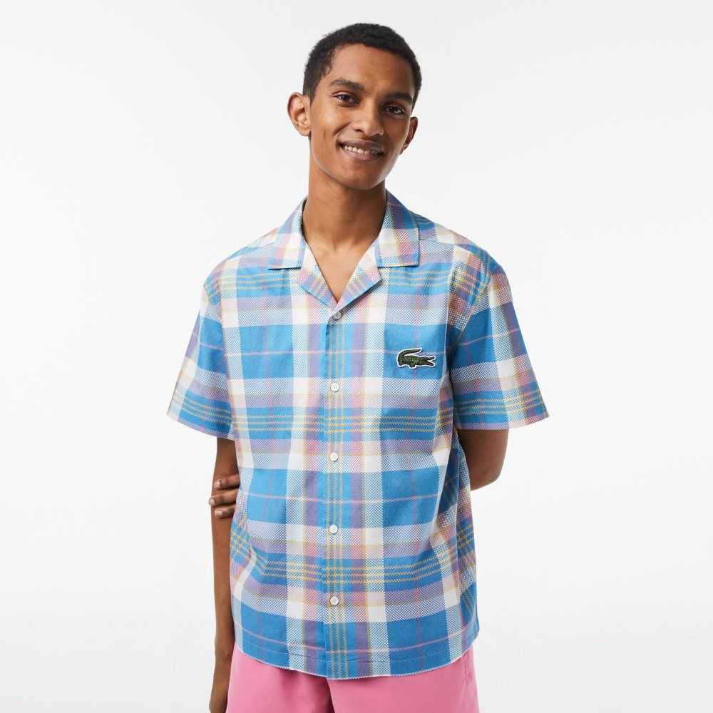 Lacoste Short Sleeve Organic Cotton Check Shirt Blue / White | FACT-72386