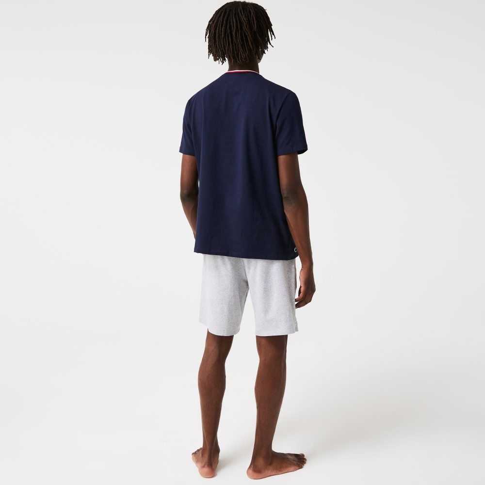 Lacoste Short Sleeve Three-Tone Crew Neck Pajama T-Shirt Navy Blue | LYXB-54096