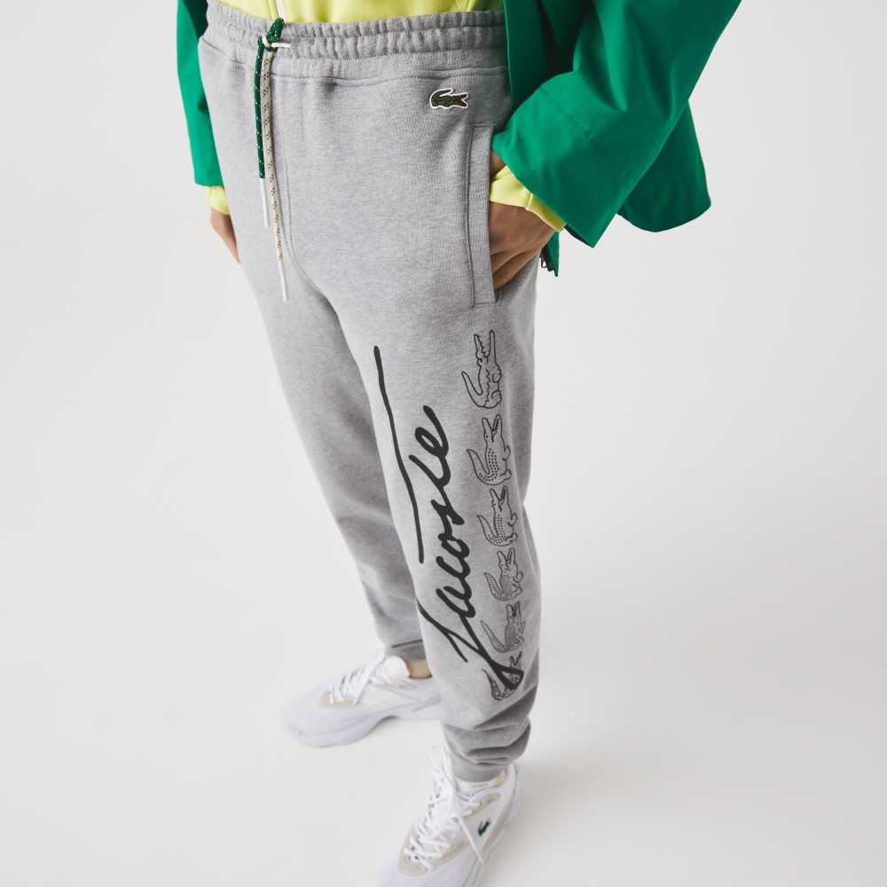 Lacoste Signature And Crocodile Print Cotton Fleece Jogging Pants Grey Chine | ECOD-24376