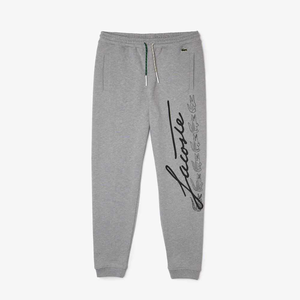 Lacoste Signature And Crocodile Print Cotton Fleece Jogging Pants Grey Chine | ECOD-24376