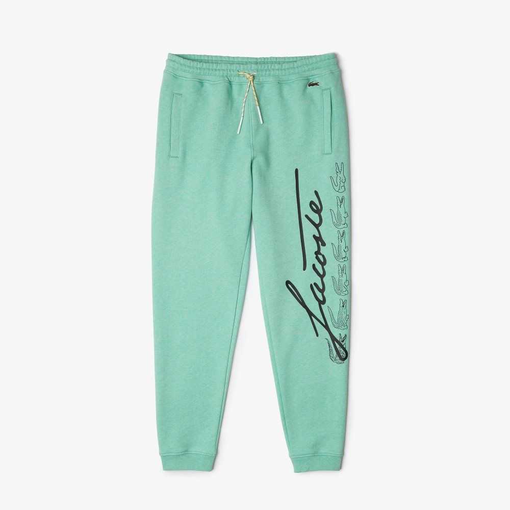 Lacoste Signature And Crocodile Print Cotton Fleece Jogging Pants Green | ELQC-19845