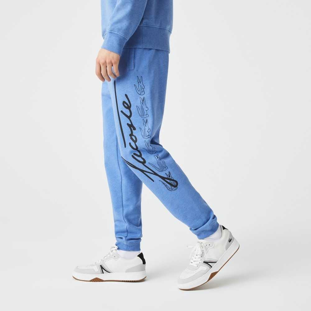 Lacoste Signature And Crocodile Print Cotton Fleece Jogging Pants Blue Chine | VTDH-80137