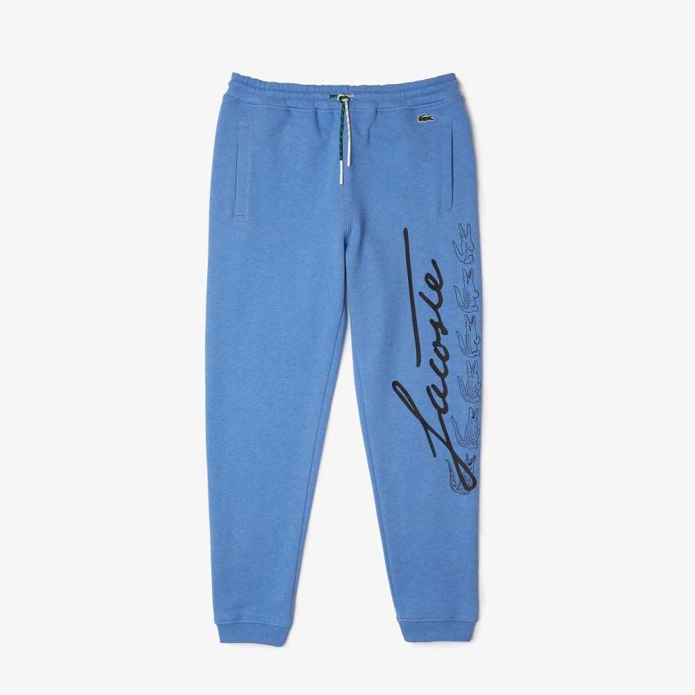 Lacoste Signature And Crocodile Print Cotton Fleece Jogging Pants Blue Chine | VTDH-80137