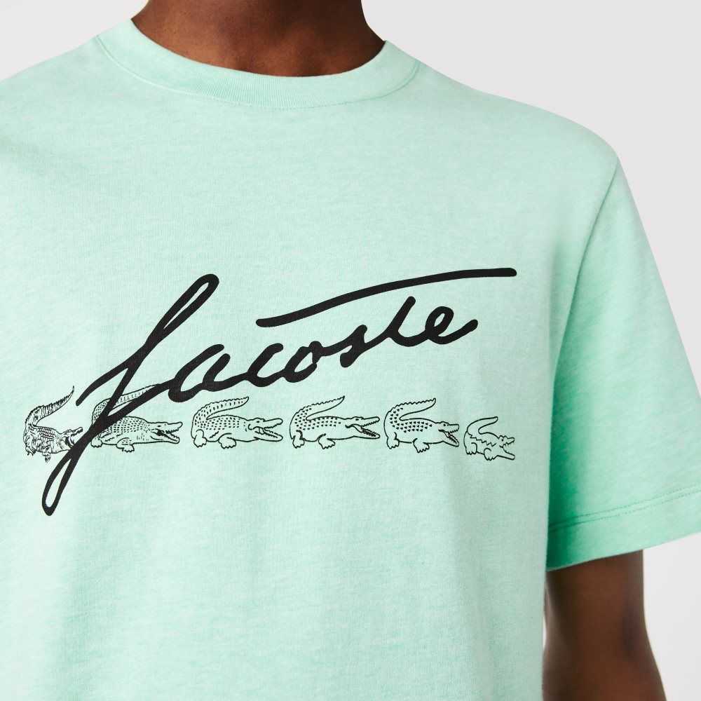 Lacoste Signature And Crocodile Print Crew Neck Cotton T-Shirt Green | DZQP-96423