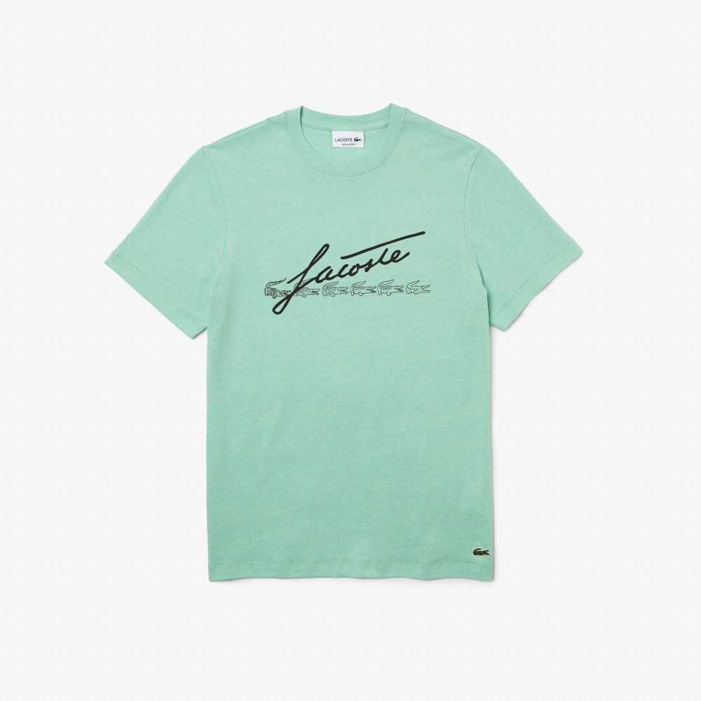 Lacoste Signature And Crocodile Print Crew Neck Cotton T-Shirt Green | DZQP-96423