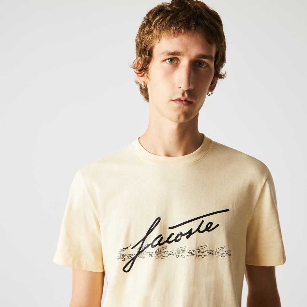 Lacoste Signature And Crocodile Print Crew Neck Cotton T-Shirt Yellow | VHRD-76912