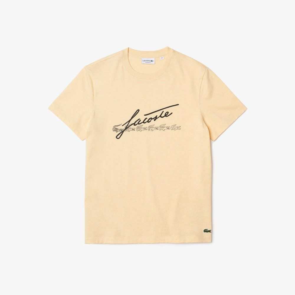 Lacoste Signature And Crocodile Print Crew Neck Cotton T-Shirt Yellow | VHRD-76912