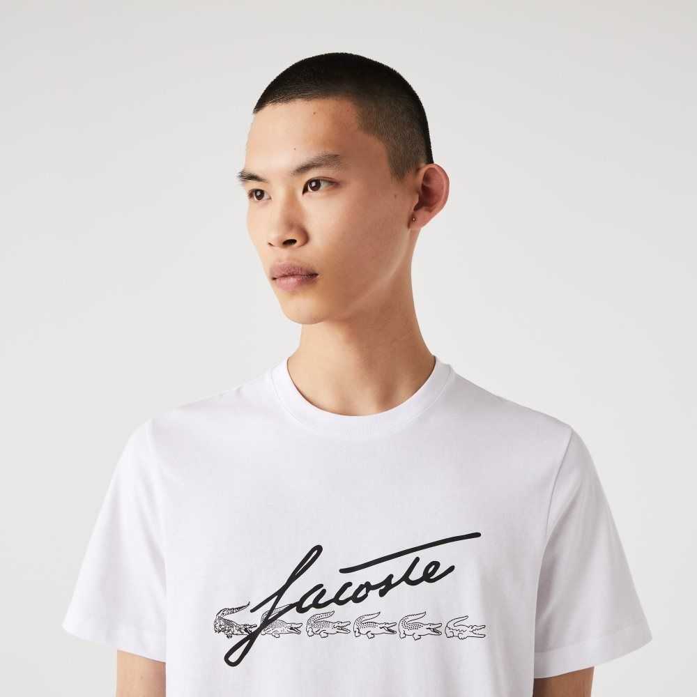 Lacoste Signature And Crocodile Print Crew Neck Cotton T-Shirt White | WDZQ-43758