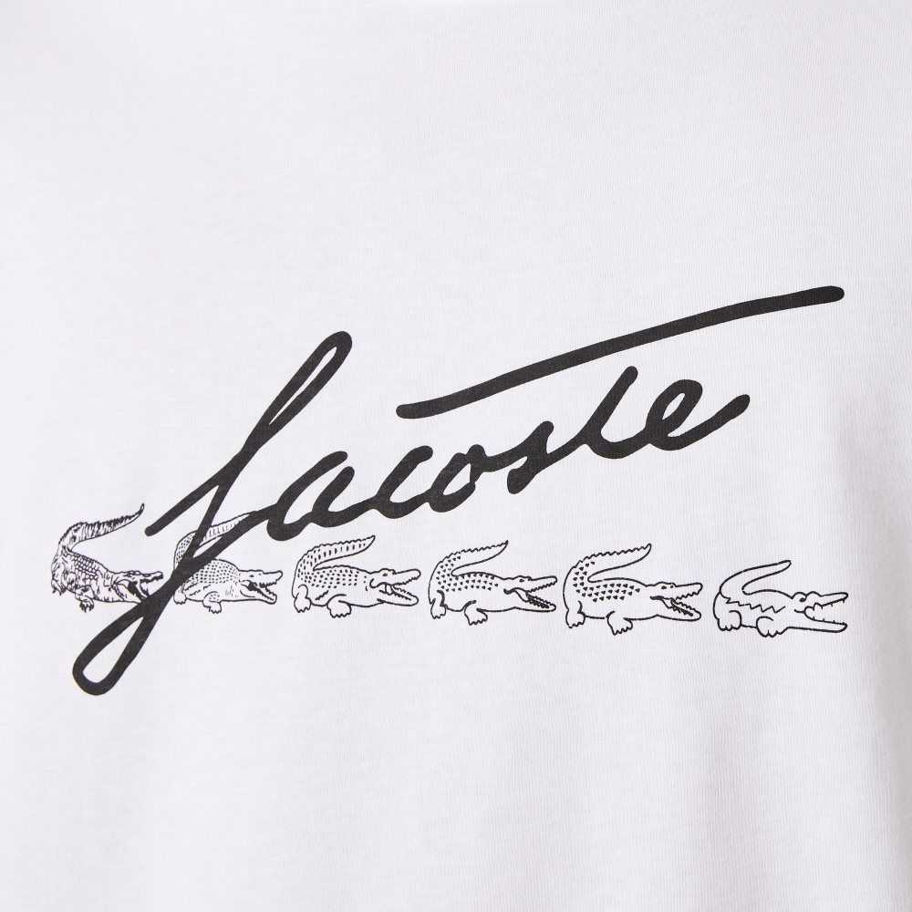 Lacoste Signature And Crocodile Print Crew Neck Cotton T-Shirt White | WDZQ-43758