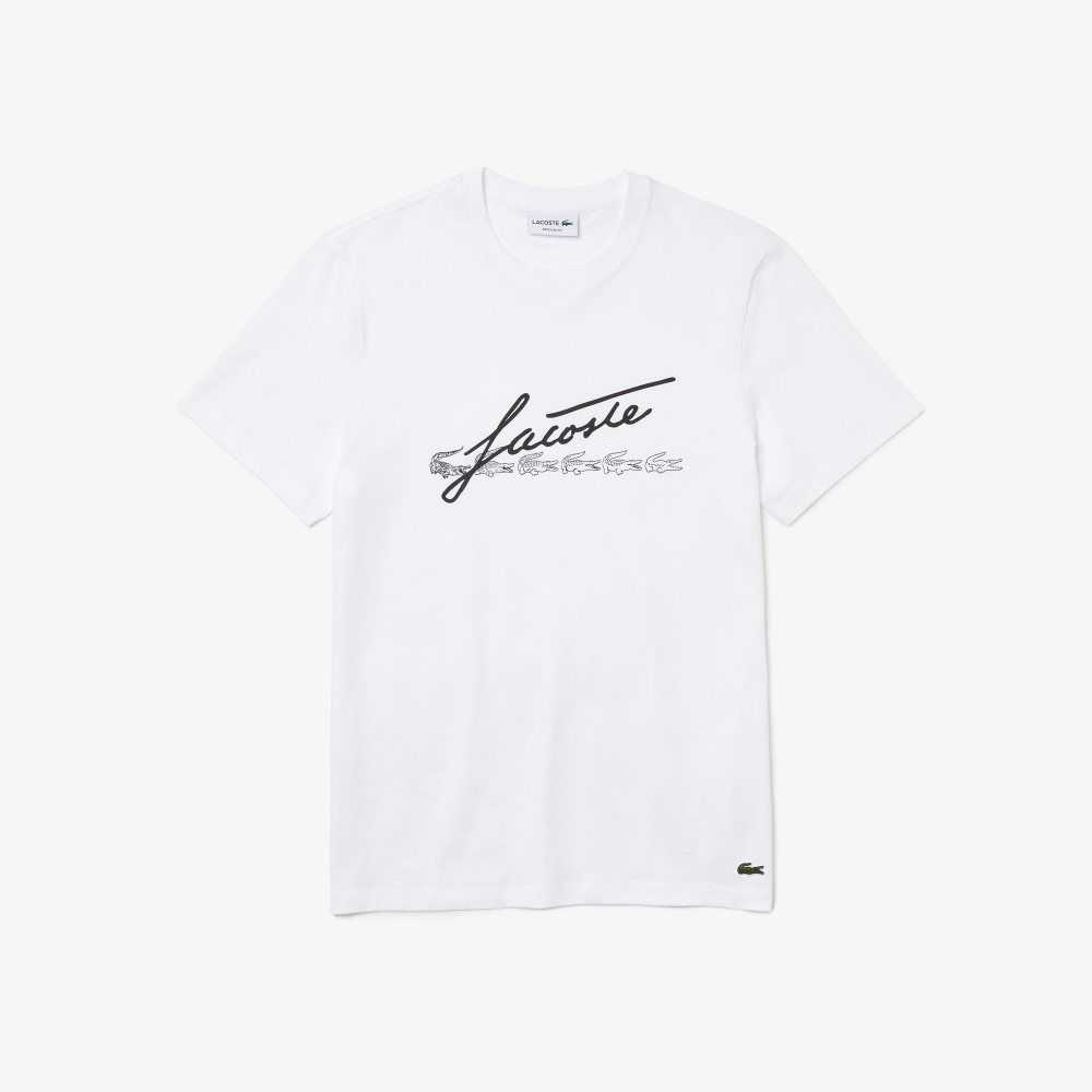 Lacoste Signature And Crocodile Print Crew Neck Cotton T-Shirt White | WDZQ-43758