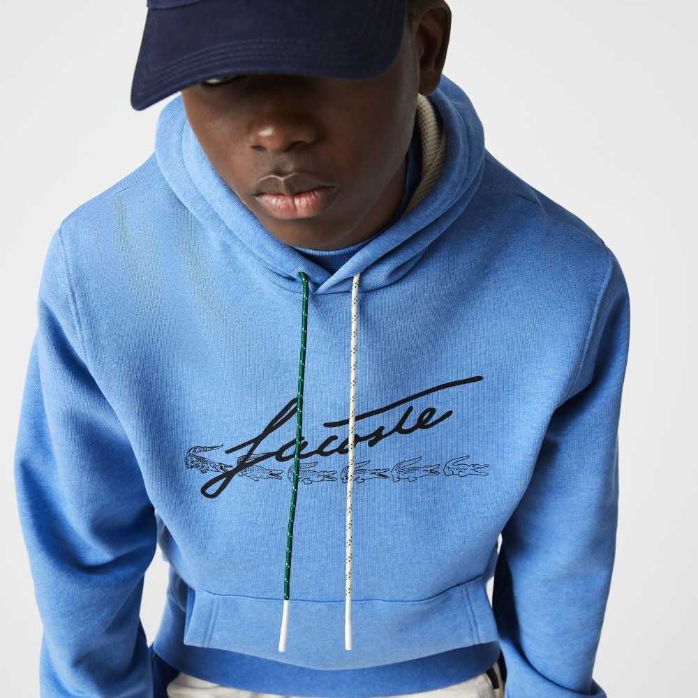 Lacoste Signature Flecked Cotton Fleece Hoodie Blue Chine | HYLV-50817