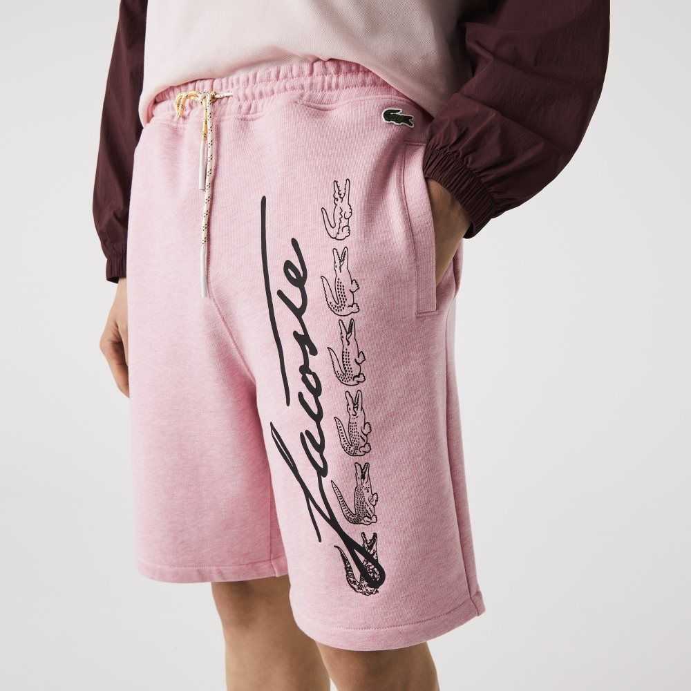 Lacoste Signature Print Cotton Fleece Shorts Pink | LTDK-47512