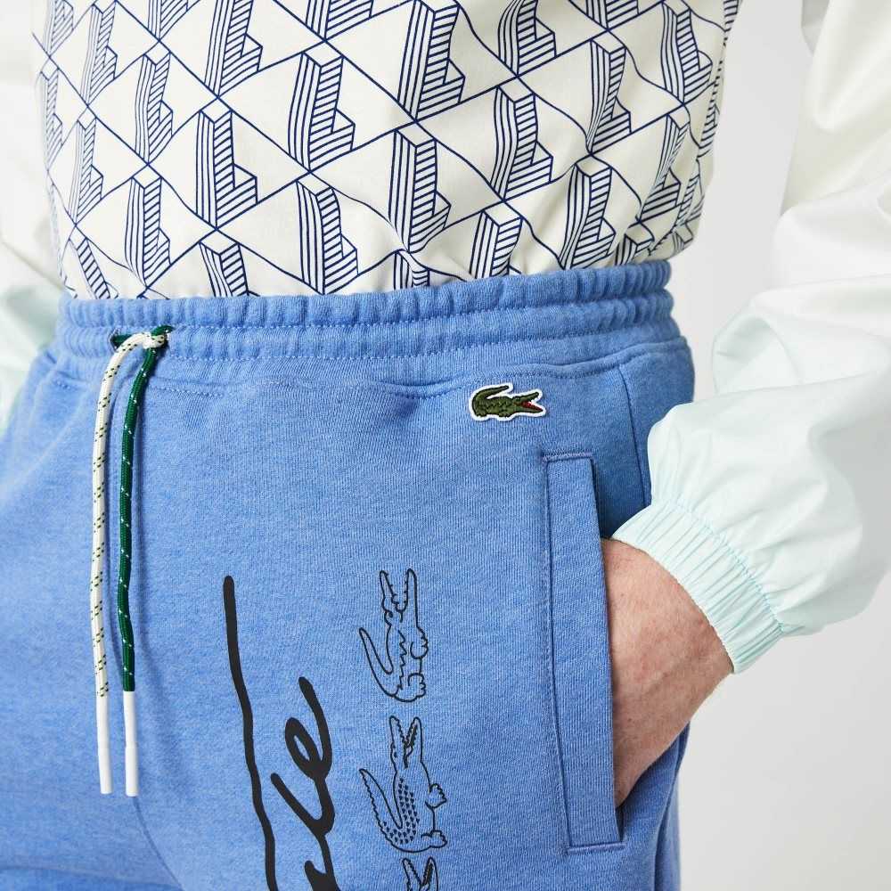 Lacoste Signature Print Cotton Fleece Shorts Blue Chine | PXBN-82790