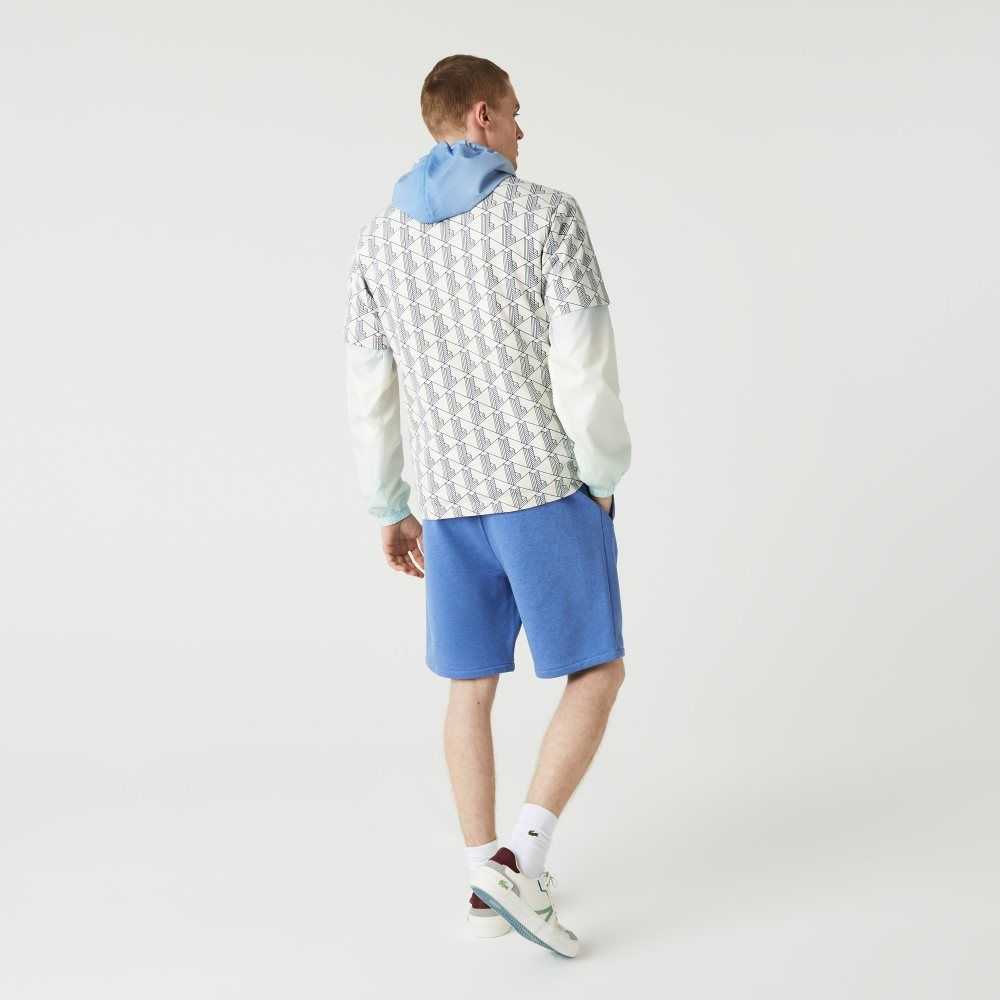 Lacoste Signature Print Cotton Fleece Shorts Blue Chine | PXBN-82790