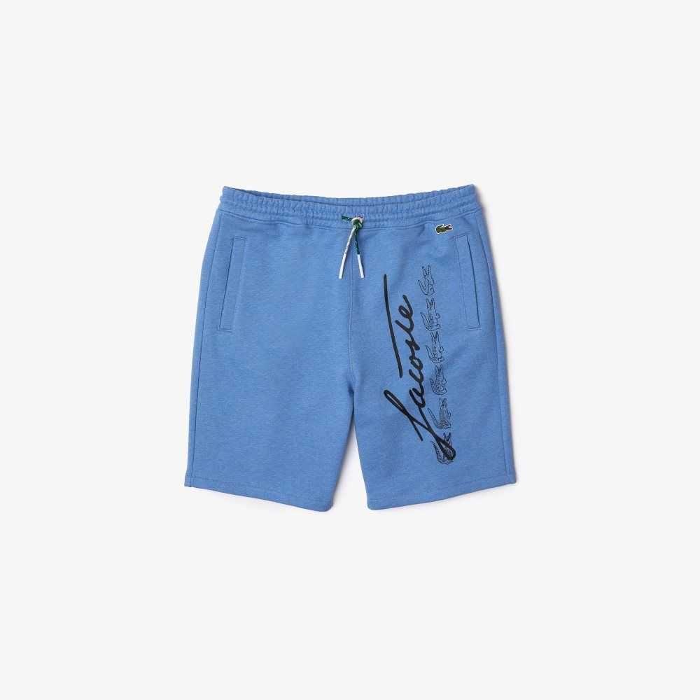 Lacoste Signature Print Cotton Fleece Shorts Blue Chine | PXBN-82790