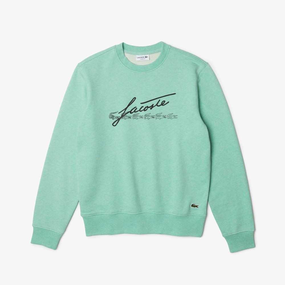 Lacoste Signature Print Crew Neck Cotton Fleece Sweatshirt Green | YATN-65894