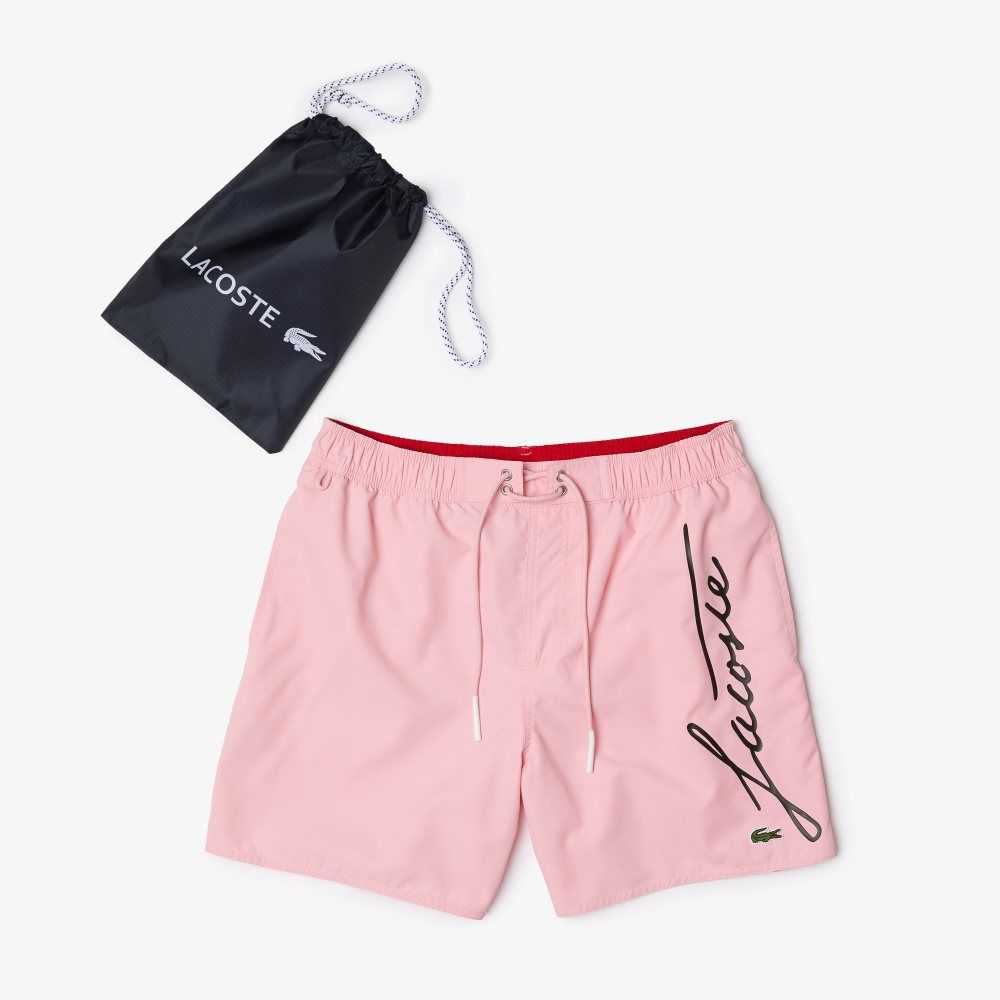 Lacoste Signature Print Light Swimming Trunks Pink | LJAU-96851