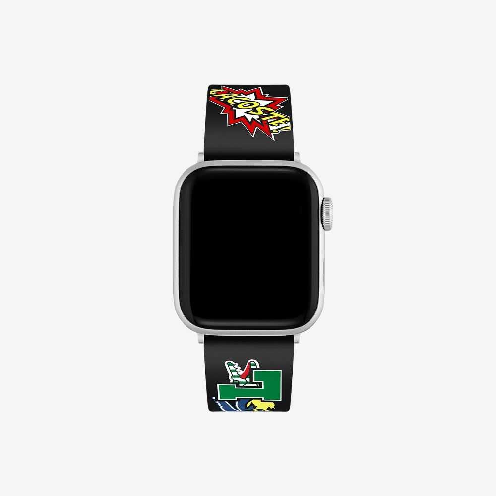 Lacoste Silicone Comic Print Apple Watch Strap Black | PMJZ-89240