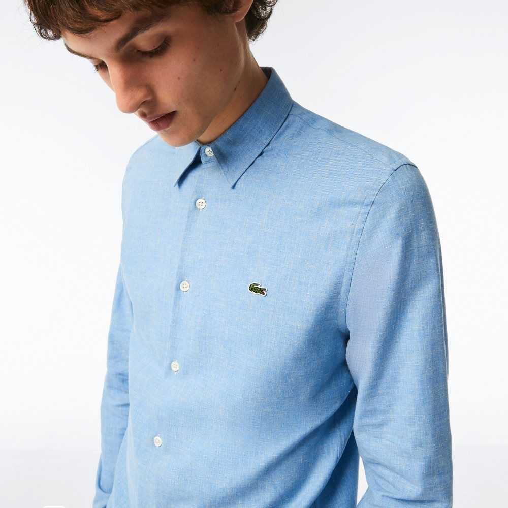 Lacoste Slim Fit Cotton Chambray Shirt Blue / White | PQCB-16703