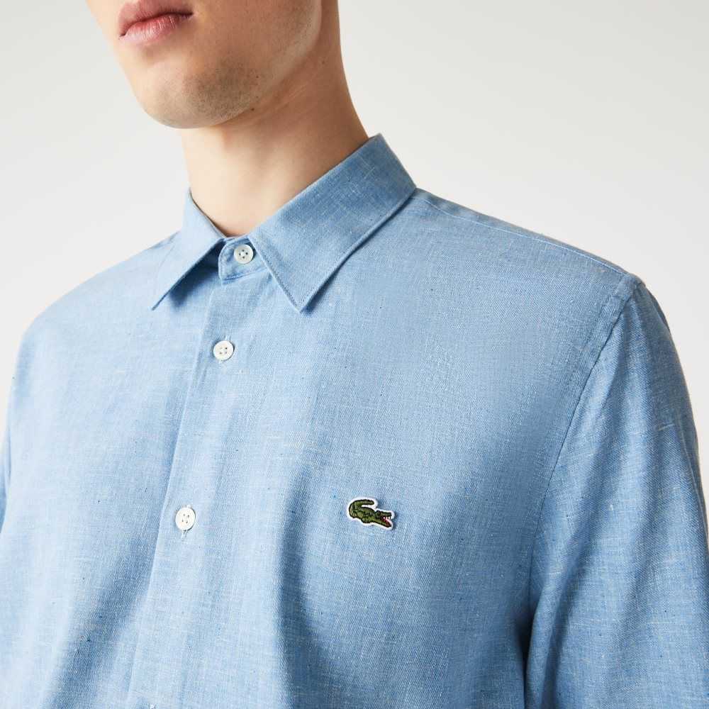 Lacoste Slim Fit Cotton Chambray Shirt Blue / White | PQCB-16703