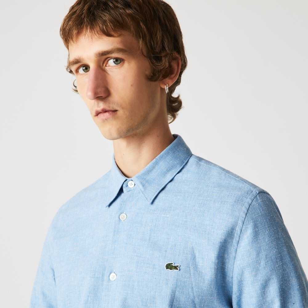 Lacoste Slim Fit Cotton Chambray Shirt Blue / White | PQCB-16703