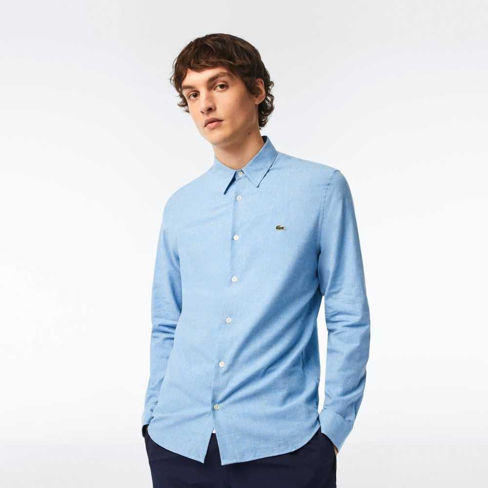 Lacoste Slim Fit Cotton Chambray Shirt Blue / White | PQCB-16703