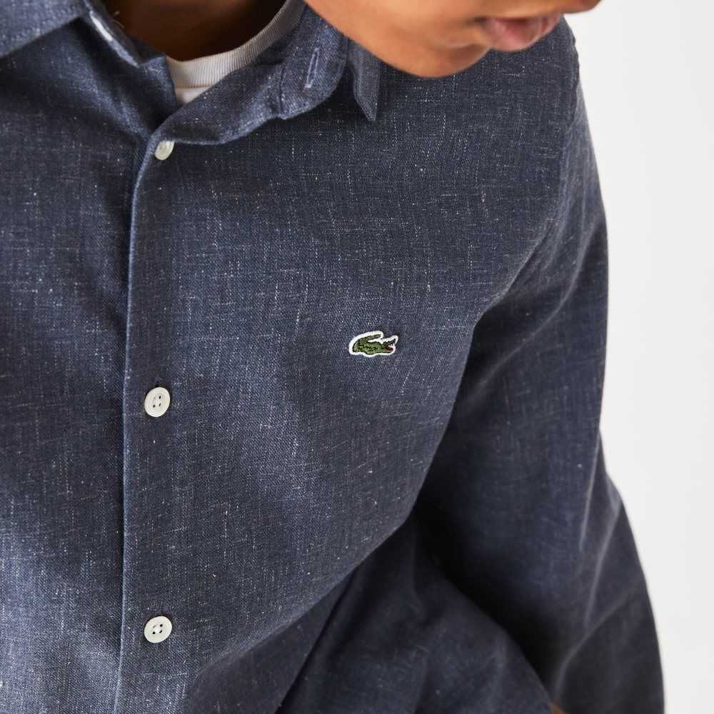 Lacoste Slim Fit Cotton Chambray Shirt Navy Blue / White | ESJZ-74358