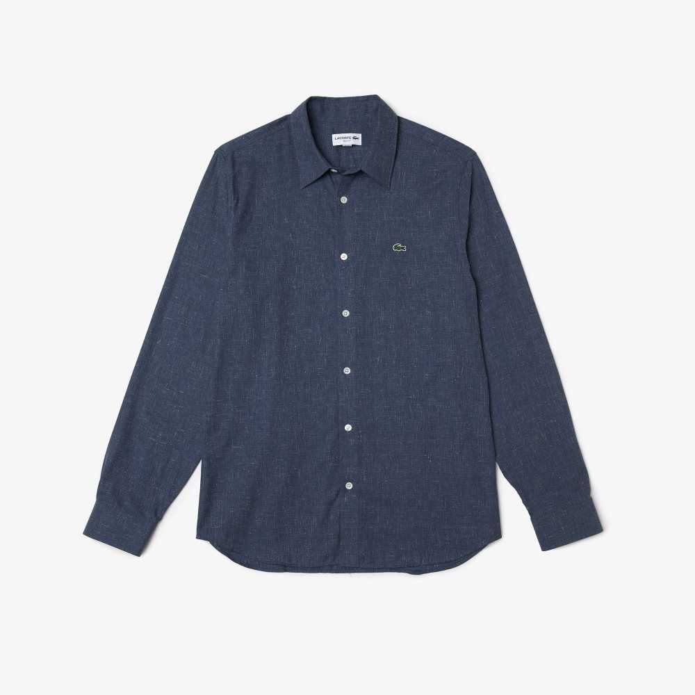 Lacoste Slim Fit Cotton Chambray Shirt Navy Blue / White | ESJZ-74358