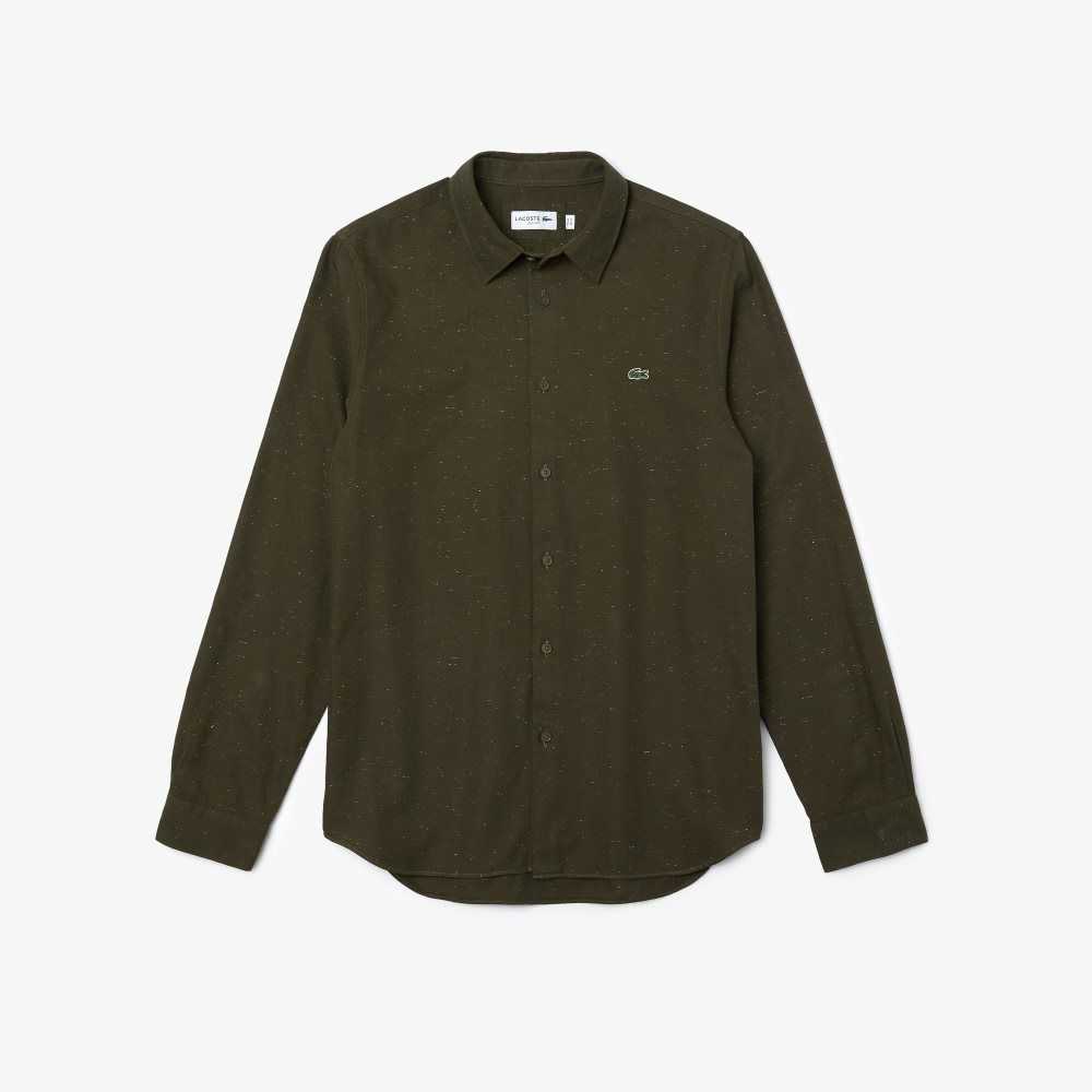 Lacoste Slim Fit Flamed Cotton Shirt Khaki Green / White | WSUR-97630
