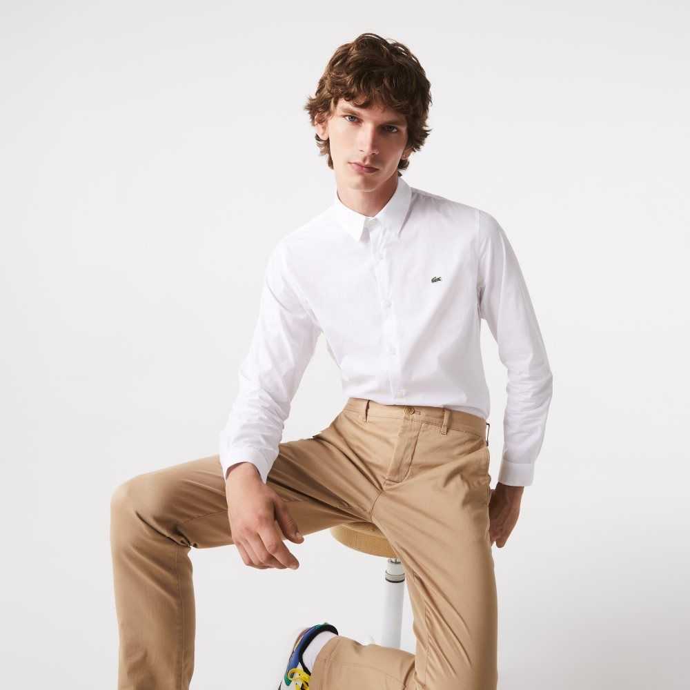 Lacoste Slim Fit Stretch Cotton Poplin Shirt White | GNIT-68537